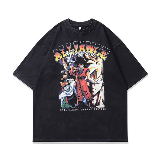 Black graphic t-shirt featuring Dragon Ball Z-inspired characters in battle stance, bold ‘ALLIANCE’ lettering above, and tagline ‘EVIL CANNOT DEFEAT JUSTICE’ below—perfect for anime fans and streetwear lovers.