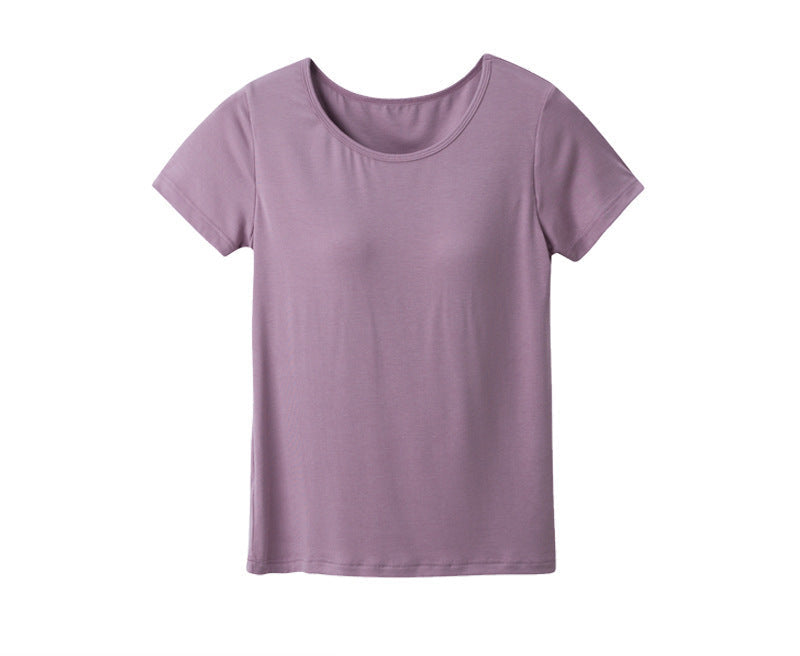 Ladies Charmodal Short Sleeve Cropped Pants Pajamas Home Large Size Suit With Bra Pads Cups All-in-One Solid Color Thin Section