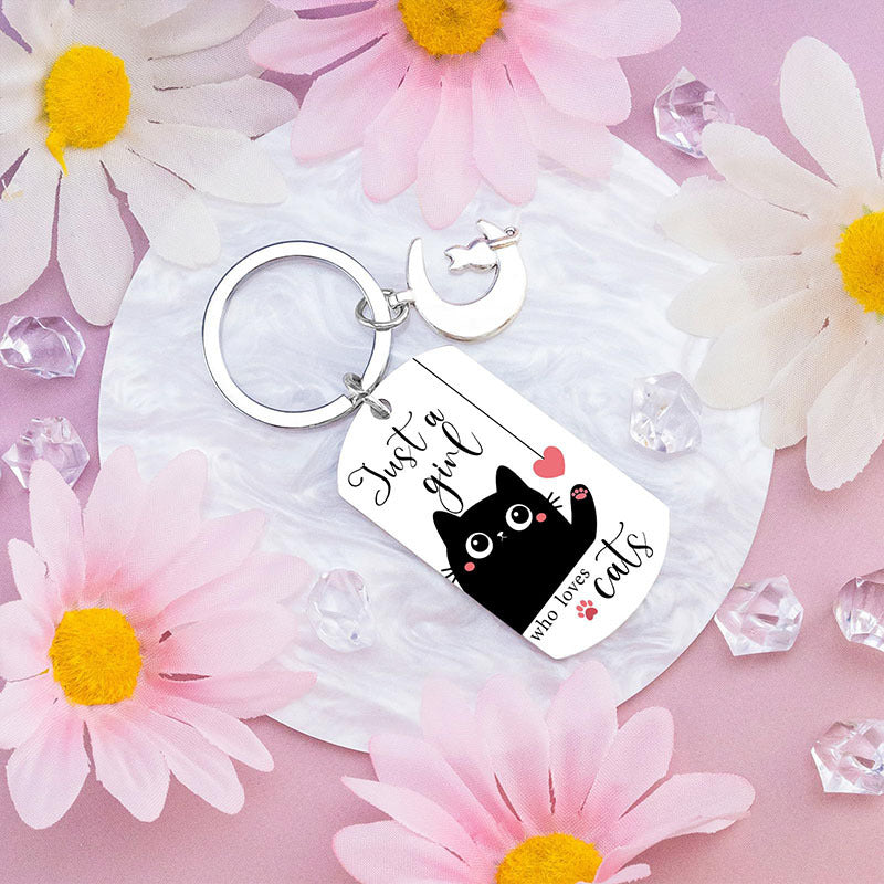 Cross-border Cute Cartoon Moon Cat Accessories Black Kitten Stainless Steel Keychain Pet Key Ring Wholesale
