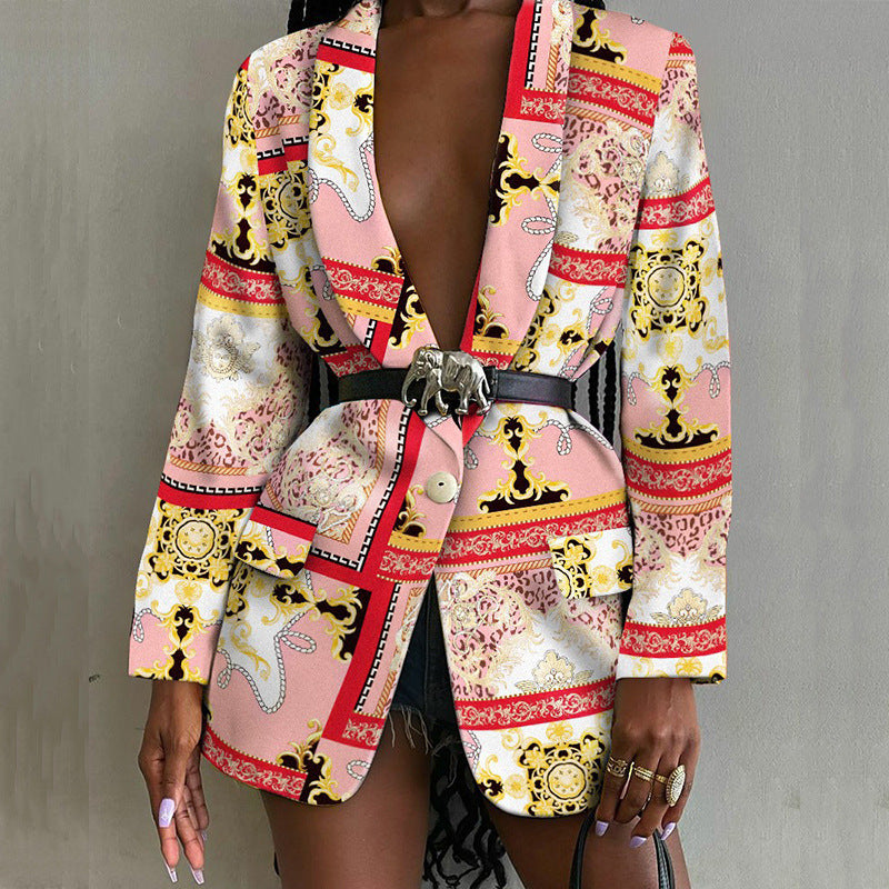 2021 European And American Autumn New Wish AliExpress Fashion Printed Shawl Collar Single-breasted Belt Suit Jacket For Women