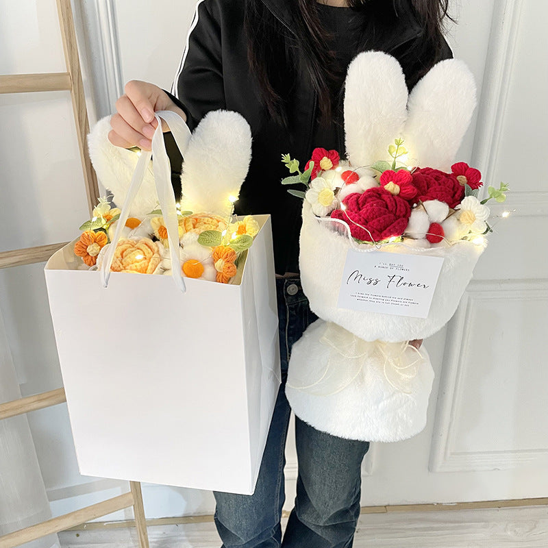 Cartoon Doll Bouquet Plush Knitted Bouquet Rabbit Ears Holding Flower Birthday Gift Atmosphere Decoration Bouquet Wholesale