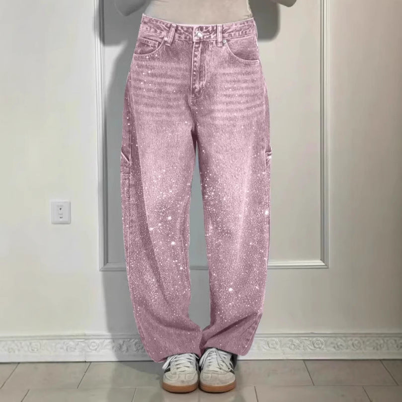2025 Spring And Summer Amazon New Star Rhinestone Jeans High Waist Slim Casual Pants Women