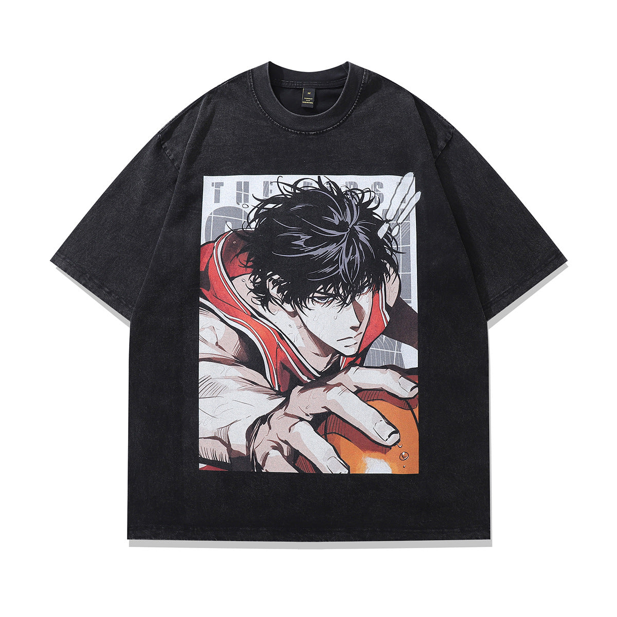 Distressed short sleeve t-shirt featuring a bold Japanese cartoon print with a hip-hop streetwear aesthetic.