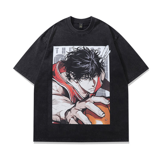 Distressed short sleeve t-shirt featuring a bold Japanese cartoon print with a hip-hop streetwear aesthetic.