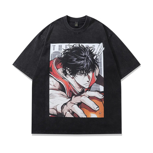 Distressed short sleeve t-shirt featuring a bold Japanese cartoon print with a hip-hop streetwear aesthetic.