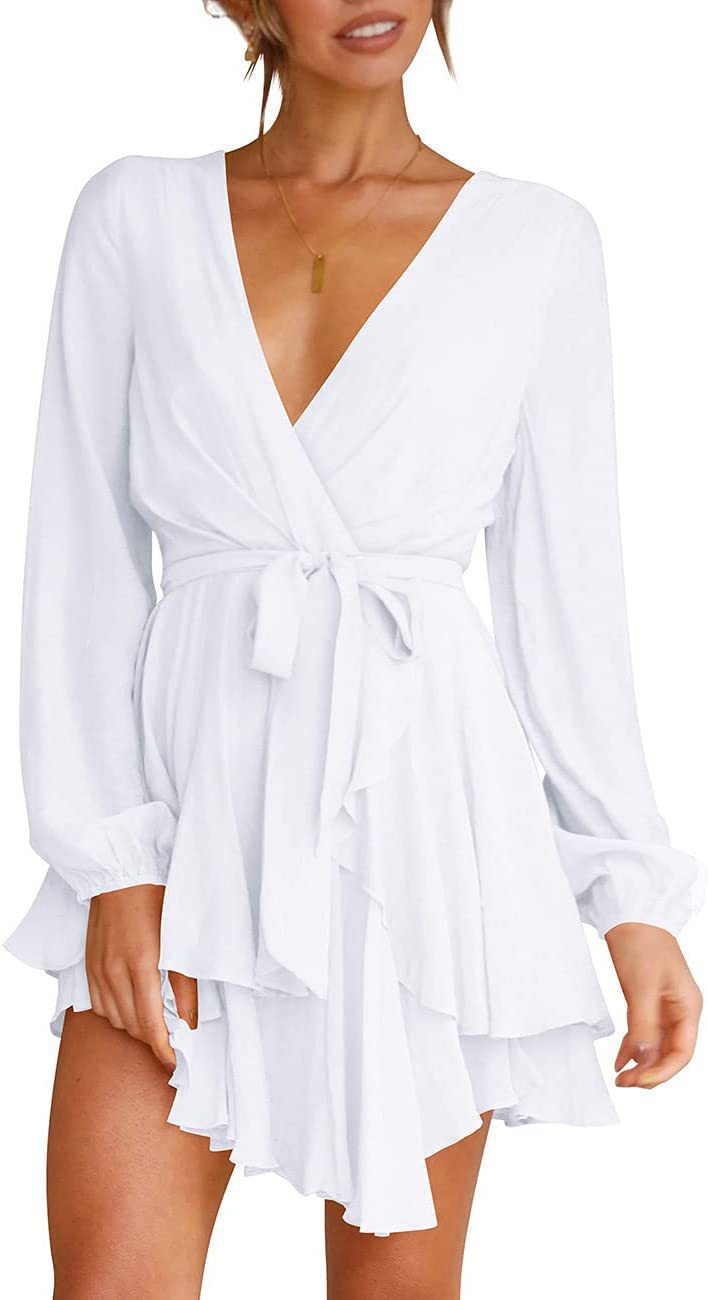 Deep V Neck Long Sleeve Dress Waist Tie Pleated Mini Skirt Skate Skirt