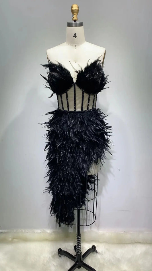 New European And American Feather Tube Top Is Thin Fishbone Sexy Irregular Dress Banquet Party Dress Heavy Industry