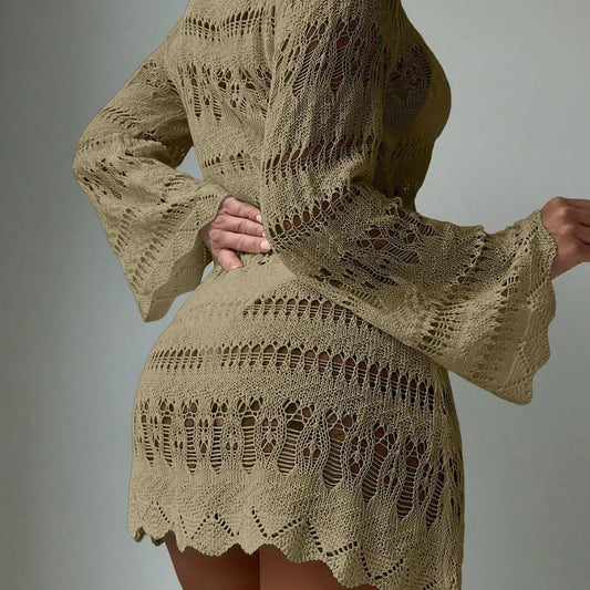 New 2025 Beach Blouse Hollow Mesh Long Sleeve Sunscreen Hawaiian Holiday Bikini Blouse