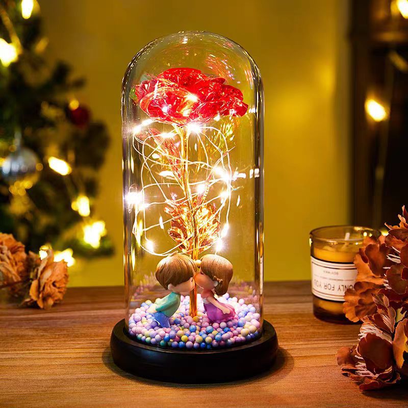 Eternal Rose Simulation Flower Doll Couple Glass Lampshade Tanabata Gift Birthday Gift Nightlight Ornaments