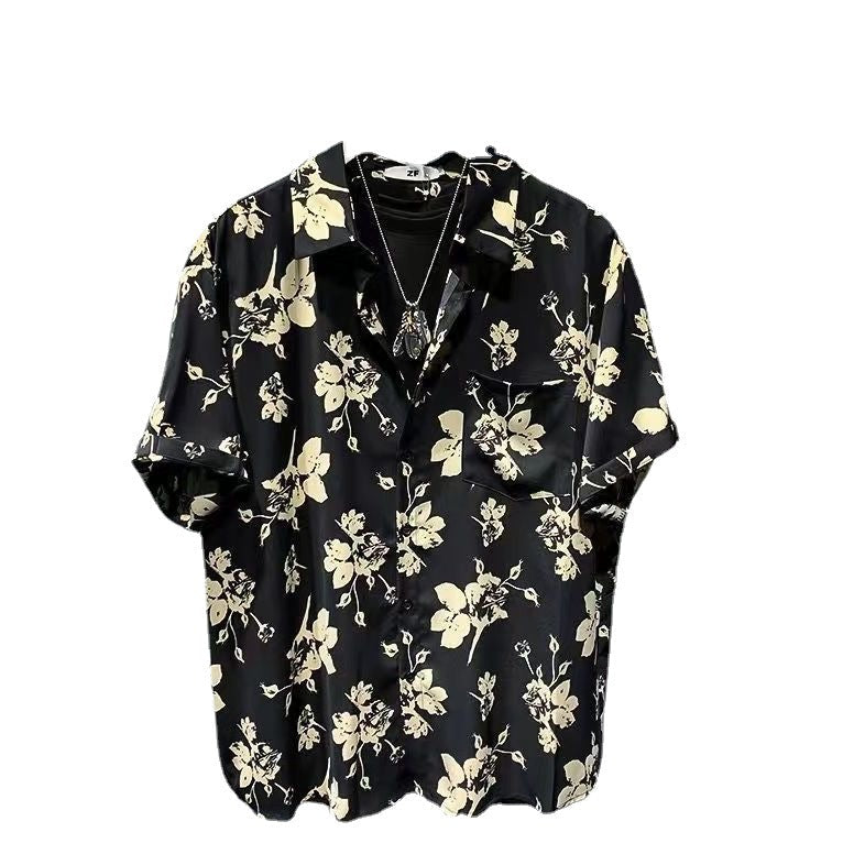 Stylish floral short-sleeve shirt available in black and army green – featuring a bold beige floral print, soft breathable fabric, and effortless styling