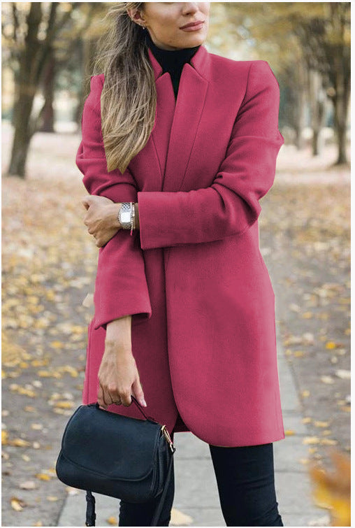 Fashion Solid Color Stand-up Collar Woolen Coat