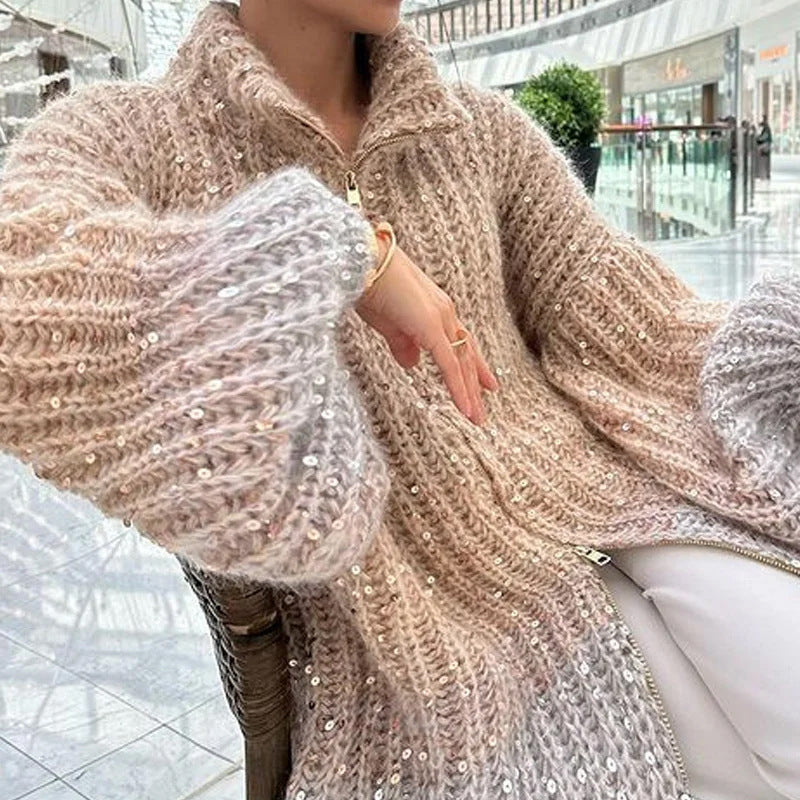 Sparkle Knit Oversized Cardigan – Chunky Sequin Sweater for Effortless Glam