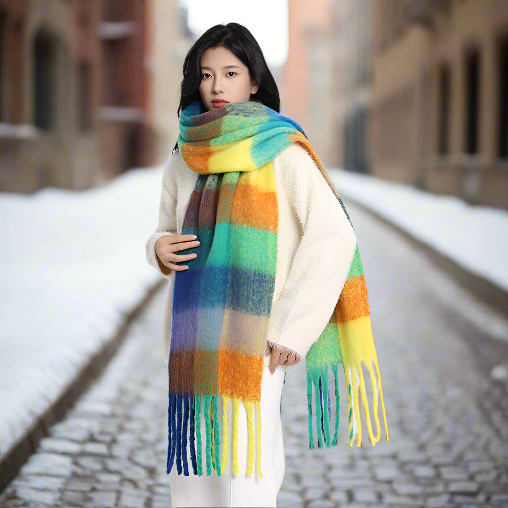 Rainbow Scarf Women's Couple's Plaid All-match AC Same-style Shawl Dual-use Thick Warm Neck Fashionable Color Matching Men's