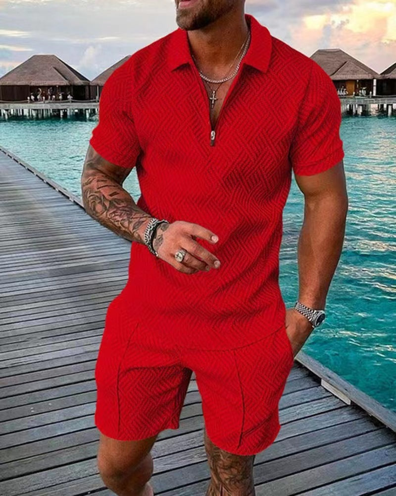 Casual short-sleeve shirt & shorts set available in red, yellow, blue, gray, turquoise, black, and pink – sleek tailored fit, lightweight, and perfect for summer styling.