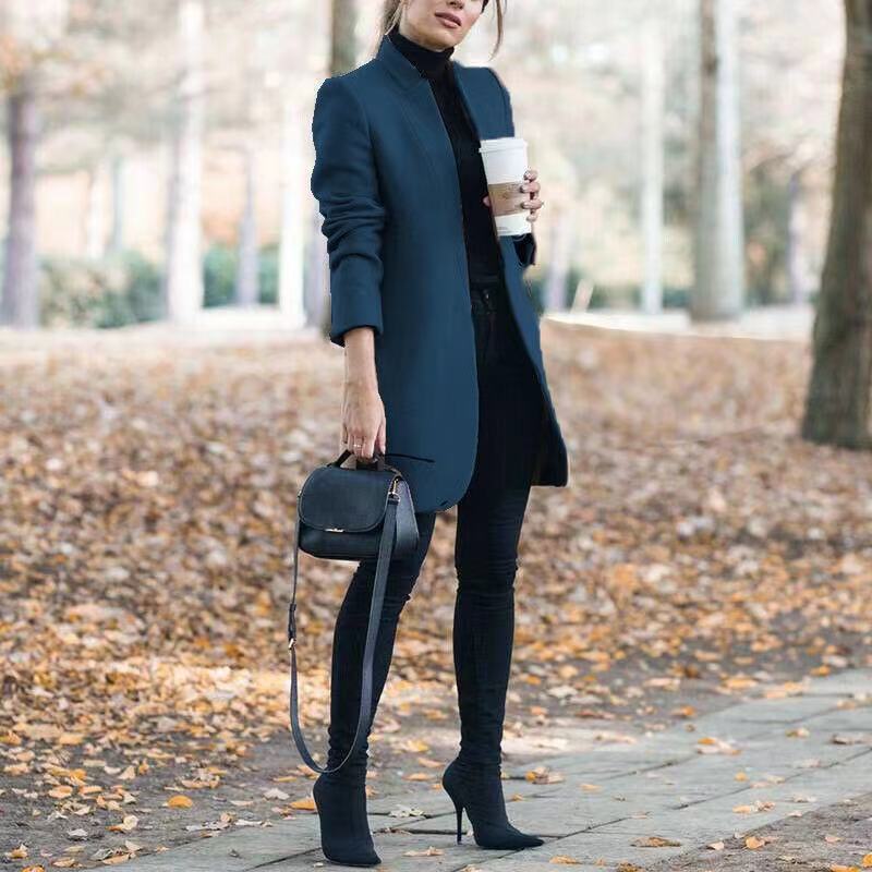 Fashion Solid Color Stand-up Collar Woolen Coat