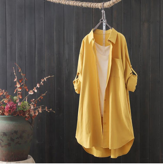 Mid-length Cotton And Linen Dress Shirt Women
