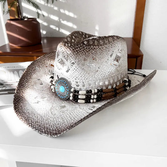 Hollow Straw Knight Hat Women's Summer National Style Sunscreen Sun Hat Western Cowboy Straw Hat Men's Mountaineering Sun Visor Hat