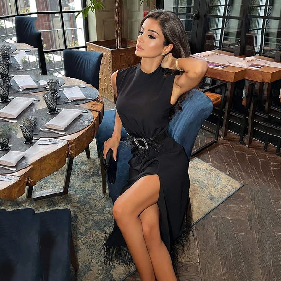 Spot 2022 Summer Dress New Korean Style Temperament Waist Slim Split Black Feather Professional Dress Fashion Female