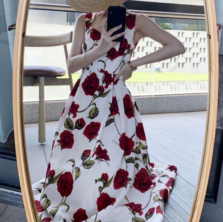 Francês Retrô Nicho Sobre o Joelho Saia Longa Cintura Fino Temperamento Alta Definição Luz Luxo Suspensórios Florais Vestido Feminino Verão