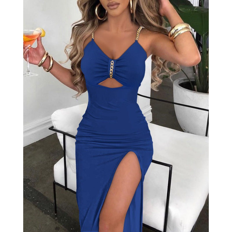 8076 European And American Autumn Clothes AliExpress Independent Station Skirt Women's Chain Shoulder Straps Slit Suspender Dress Women