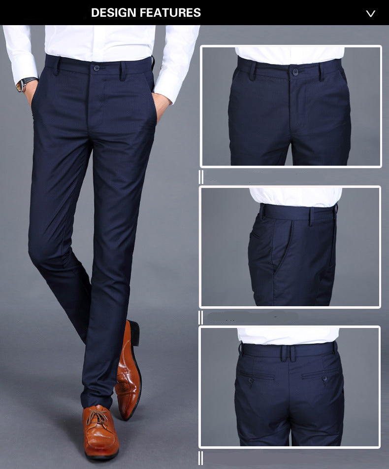 Multiple views of structured tailored trousers in navy, grey, black, and additional colours, styled with a white shirt and brown shoes, highlighting pleats, tapered legs, and buttoned back pockets