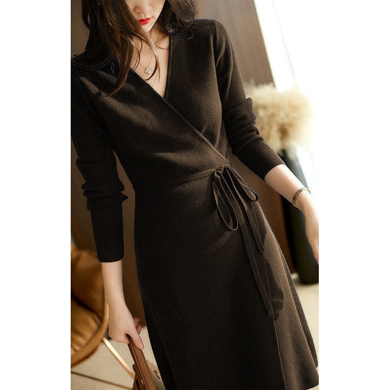 V-neck Knitted Dress Women's Autumn And Winter French Retro Slim Mid-length Skirt Tie-up High Waist Bottoming Sweater Skirt