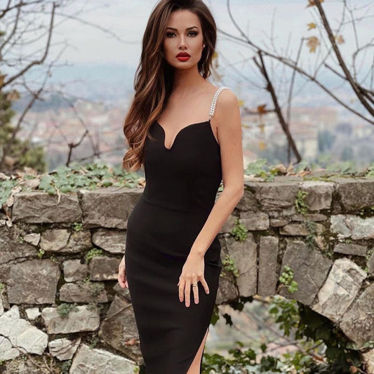 New Sexy Black Dress Elegant Pearl Sling Tube Top Slim Party Ladies Dress
