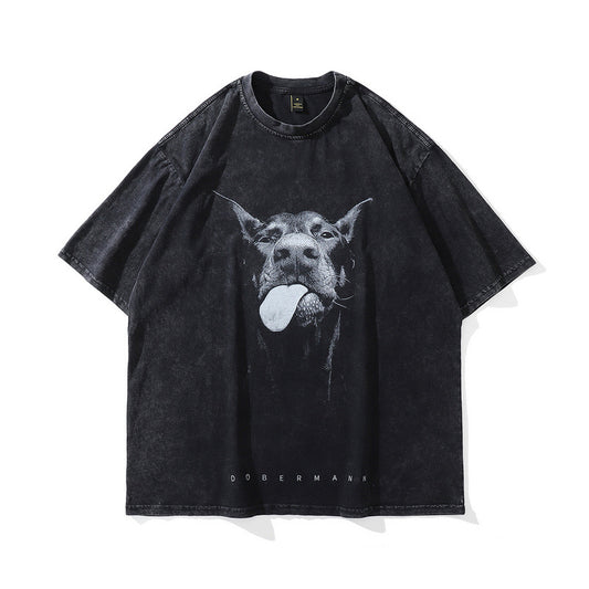 Doberman Printed Washing Water Vintage Vintage High Street Trendy Brand Loose Round Neck Short Sleeve T-shirt For Men And Women Street