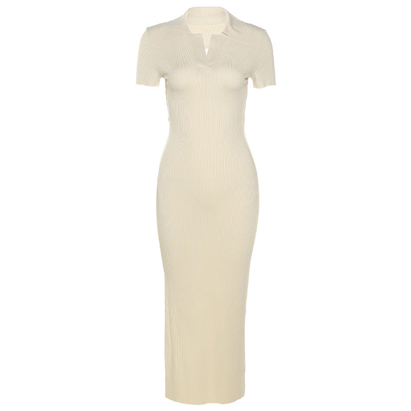 (Pre-Order) Women's Clothing Lapel Short-sleeved Sexy Backless Fashion Slim Slit Dress