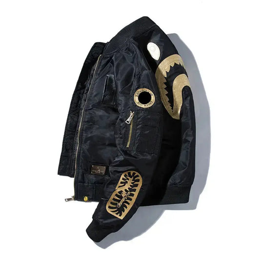 Embroidered Jacket Men's Autumn And Winter Shark Loose American Retro Couple Baseball Uniform Women's Thickened Pilot Jacket Fashion Brand