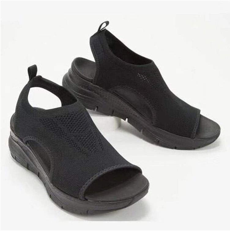 Cross-border Sandals Women's 2021 Summer New Mesh Thick-soled Soft-soled Casual Sports Women's Shoes Flat Flying Woven Fish Mouth Shoes Women