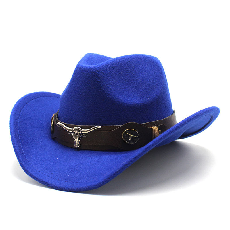 Top Hat Ethnic Style Bullmark Western Cowboy Top Hat Roll Brim Retro Horseback Riding Hat Wool Felt Hat