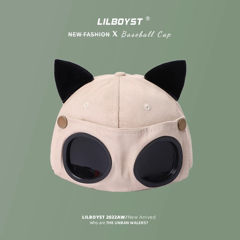 Cute Cat Ears Pilot Hat Glasses Baseball Cap Women's Sunglasses Peaked Cap Men's Big Head Wai Trendy Brand