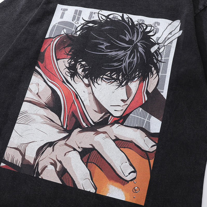 Distressed short sleeve t-shirt featuring a bold Japanese cartoon print with a hip-hop streetwear aesthetic.