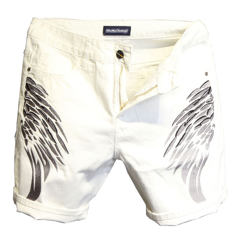 Dongdaemun Personality Angel Wings Embroidery Slim White Denim Shorts Men's All-match Fashion Five-point Pants