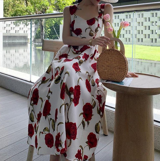 Francês Retrô Nicho Sobre o Joelho Saia Longa Cintura Fino Temperamento Alta Definição Luz Luxo Suspensórios Florais Vestido Feminino Verão