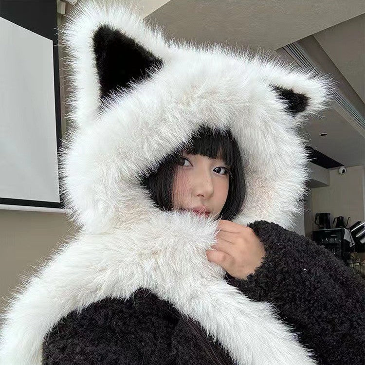 Plush Hat Scarf All-in-one Women's Winter Ear Protection Warm Hat All-match Scarf
