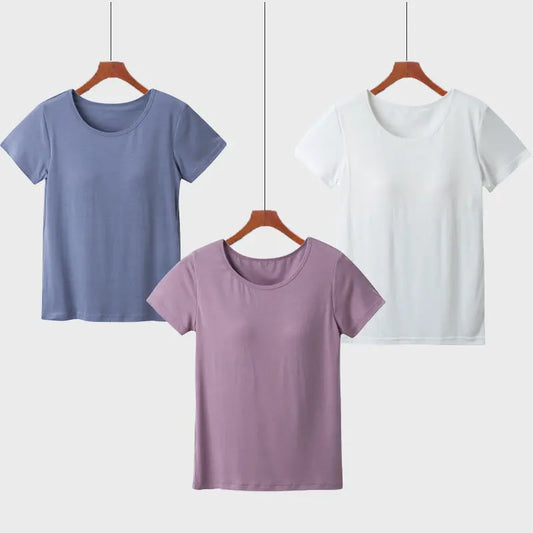 Ladies Charmodal Short Sleeve Cropped Pants Pajamas Home Large Size Suit With Bra Pads Cups All-in-One Solid Color Thin Section