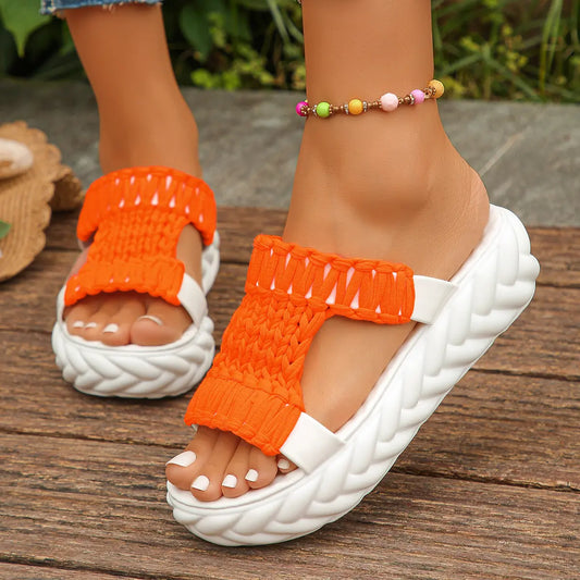 Cross-border Plus Size Thick-soles Lightweight Woven Slippers Women 2024 Summer European And American New Bright Color Slippers Women