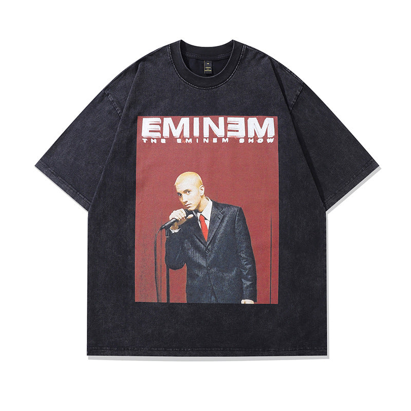 American-style Hiphop Retro Fashion Brand Eminem Printed High Street Washed Old Cotton Heavy Short-sleeved T-shirt For Men