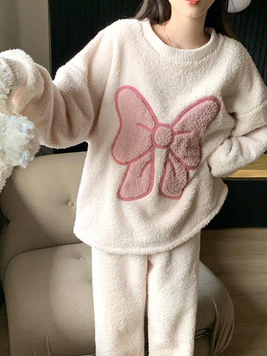 Korean Ins Coral Velvet Pajamas For Women Autumn And Winter Long-sleeved Flannel Sweet Students Soft Thickened Home Clothes