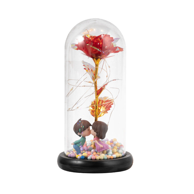 Eternal Rose Simulation Flower Doll Couple Glass Lampshade Tanabata Gift Birthday Gift Nightlight Ornaments