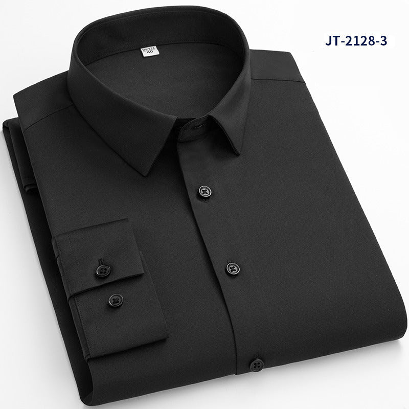 Premium stretch silk men’s long-sleeve button-up shirt in a solid white color, worn by a seated individual, showcasing smooth luxurious fabric and business-ready styling.