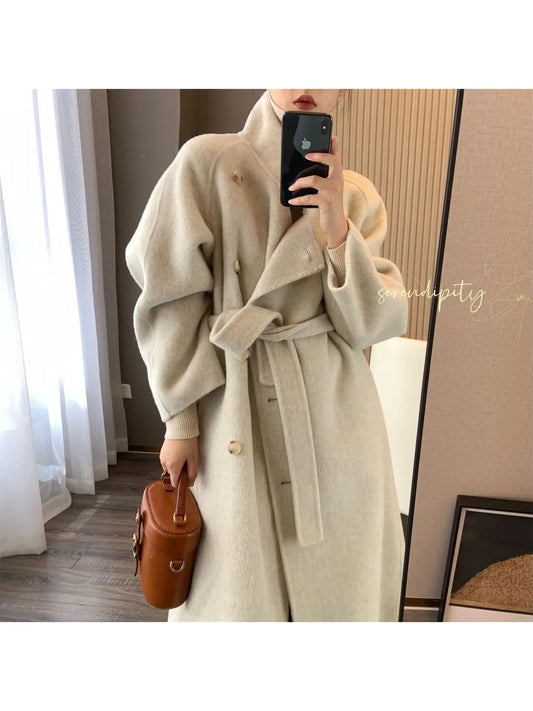 100 Sheep Wool Long-haired Mid-length Double-sided Woolen Coat With Stand-up Collar And Oblique Breasted Buttons