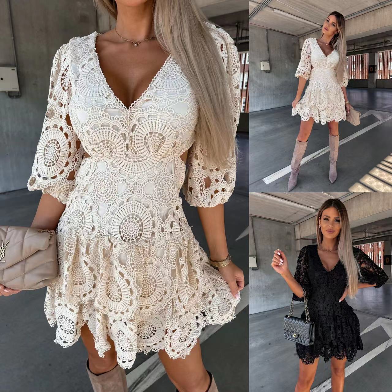 2022 New Women's Wear V-neck Lace Waist Slimming Dress