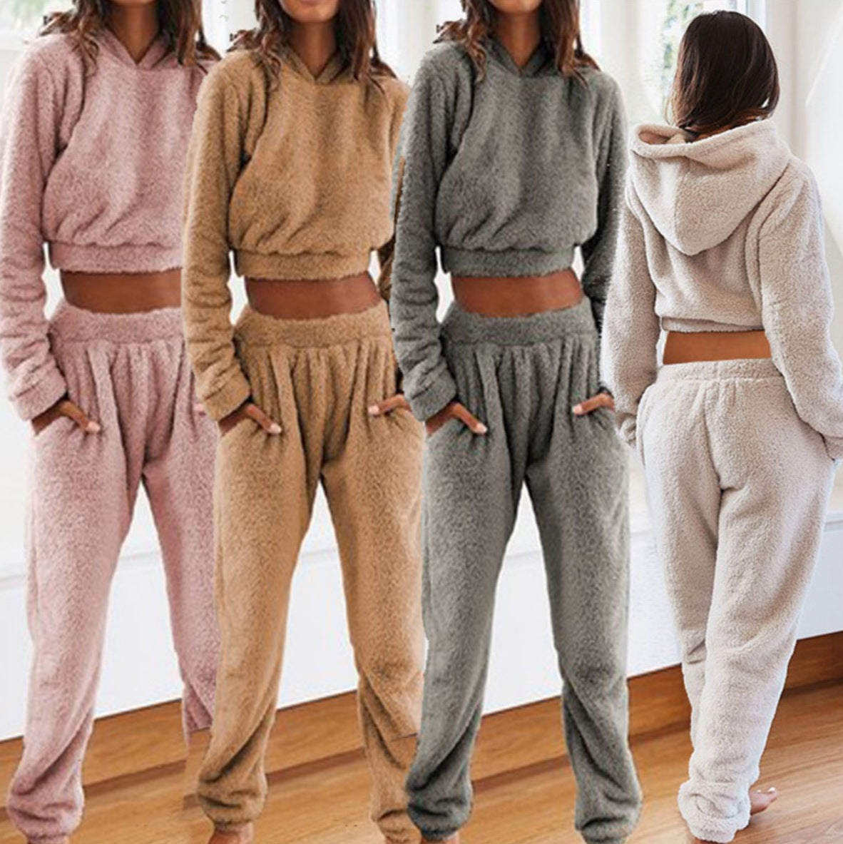 Women's Plush Hooded Long-sleeved Top Elastic Waist Trousers Casual Two-piece Set