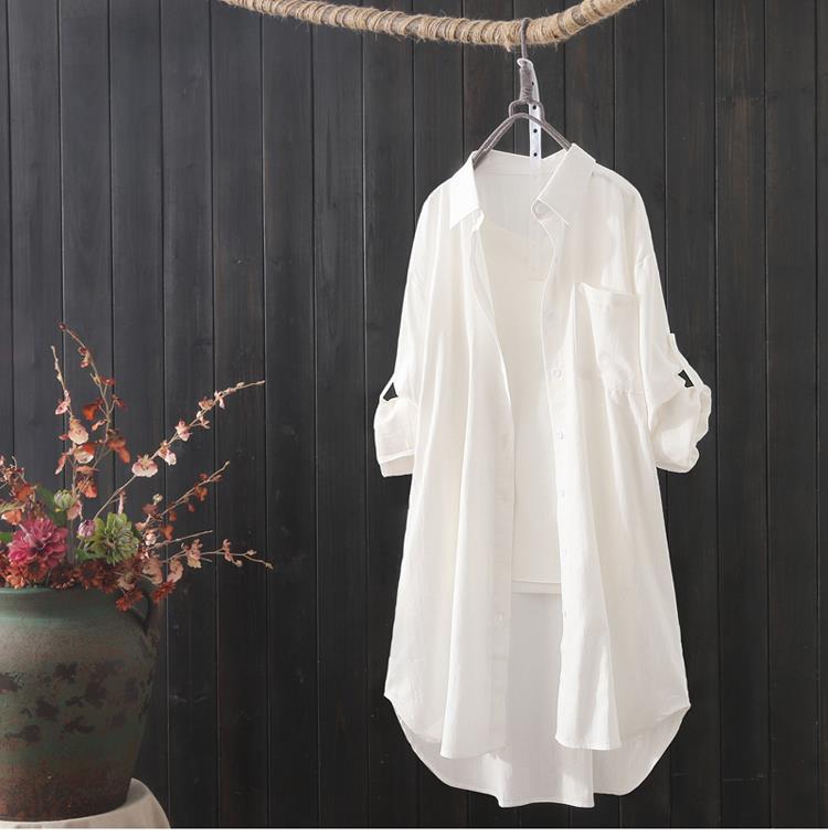 Mid-length Cotton And Linen Dress Shirt Women