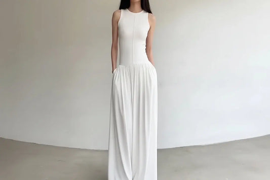 Versatile Round Neck Mid-length Dress Ribbed Solid Color Casual Large Skirt Design Waist Sleeveless Long Skirt Summer