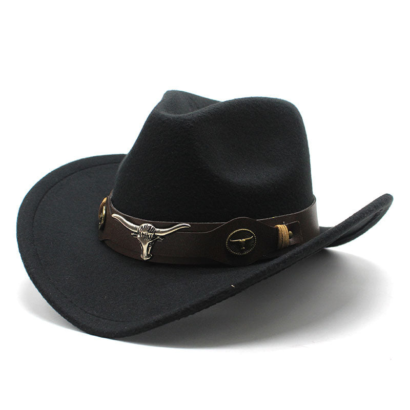 Top Hat Ethnic Style Bullmark Western Cowboy Top Hat Roll Brim Retro Horseback Riding Hat Wool Felt Hat