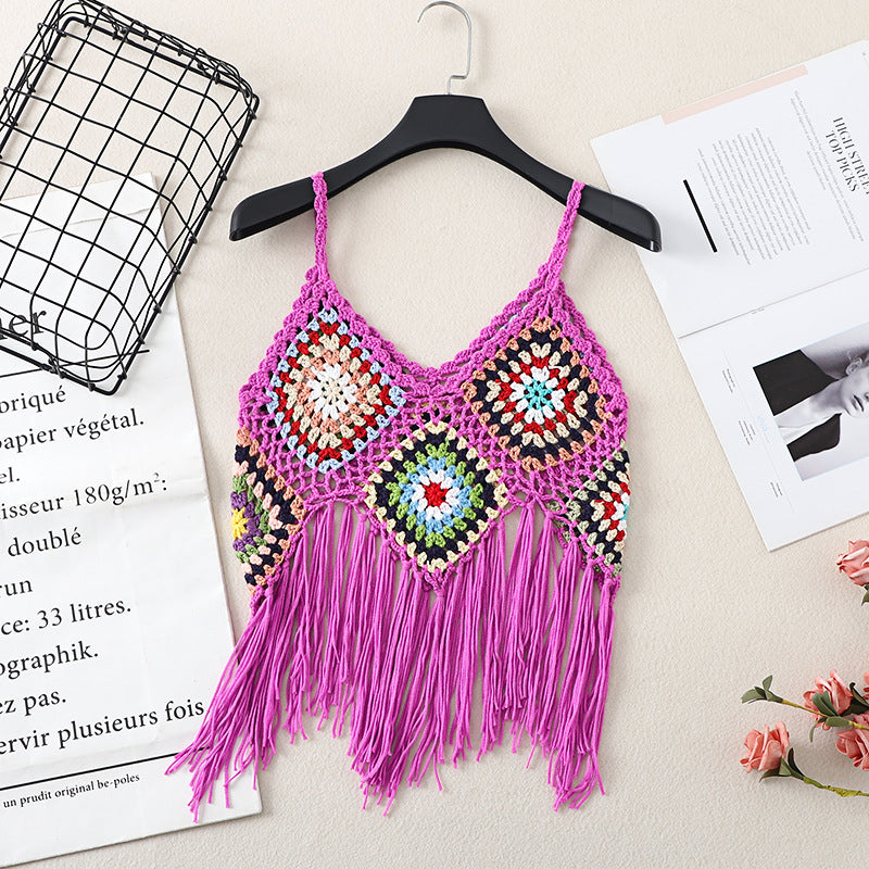 Real Shot Tassel Vest Sling Women's Summer Ethnic Style Vintage Embroidered Outwear V-neck Travel All-match Knitted Hollow Shirt